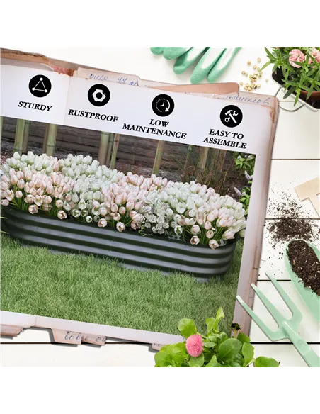 Outsunny Galvanised Raised Garden Bed, Metal Planter Box with Safety Edging, for Flowers, Herbs, Succulents, Pack of 2, Dark Gre