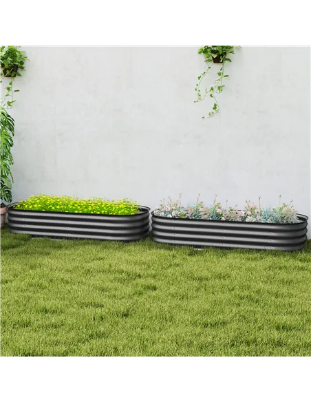 Outsunny Galvanised Raised Garden Bed, Metal Planter Box with Safety Edging, for Flowers, Herbs, Succulents, Pack of 2, Dark Gre