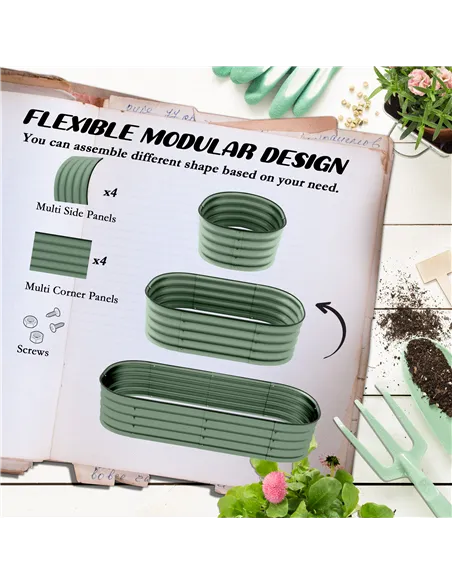 Outsunny Galvanised Raised Garden Bed, Metal Planter Box with Safety Edging, for Flowers, Herbs, Succulents, Pack of 2, Green