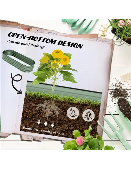 Outsunny Galvanised Raised Garden Bed, Metal Planter Box with Safety Edging, for Flowers, Herbs, Succulents, Pack of 2, Green
