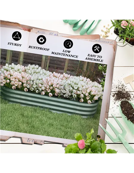 Outsunny Galvanised Raised Garden Bed, Metal Planter Box with Safety Edging, for Flowers, Herbs, Succulents, Pack of 2, Green