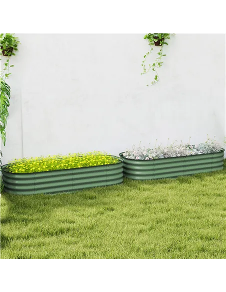 Outsunny Galvanised Raised Garden Bed, Metal Planter Box with Safety Edging, for Flowers, Herbs, Succulents, Pack of 2, Green