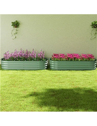 Outsunny Galvanised Raised Garden Bed, Metal Planter Box with Safety Edging, for Flowers, Herbs, Succulents, Pack of 2, Green