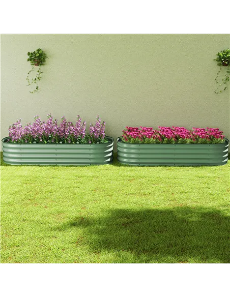 Outsunny Galvanised Raised Garden Bed, Metal Planter Box with Safety Edging, for Flowers, Herbs, Succulents, Pack of 2, Green