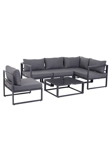 Outsunny 6 PCs Outdoor Indoor Sectional Corner Sofa Set Thick Padded Cushions Aluminium Frame 5 Seaters 1 Coffee Table Grey