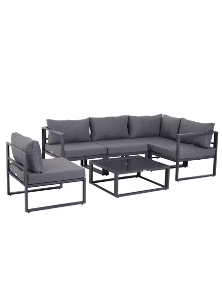 Outsunny 6 PCs Outdoor Indoor Sectional Corner Sofa Set Thick Padded Cushions Aluminium Frame 5 Seaters 1 Coffee Table Grey