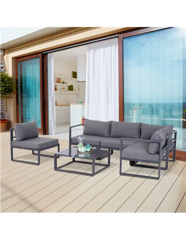 Outsunny 6 PCs Outdoor Indoor Sectional Corner Sofa Set Thick Padded Cushions Aluminium Frame 5 Seaters 1 Coffee Table Grey