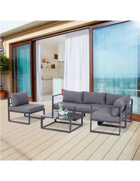 Outsunny 6 PCs Outdoor Indoor Sectional Corner Sofa Set Thick Padded Cushions Aluminium Frame 5 Seaters 1 Coffee Table Grey