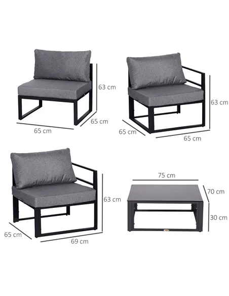 Outsunny 6 PCs Outdoor Indoor Sectional Corner Sofa Set Thick Padded Cushions Aluminium Frame 5 Seaters 1 Coffee Table Grey