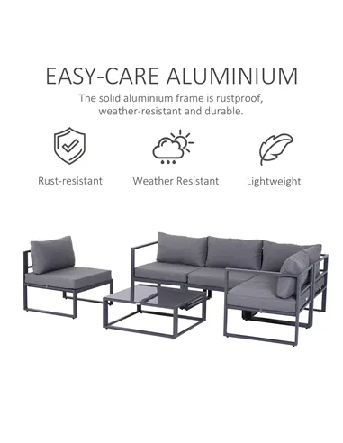 Outsunny 6 PCs Outdoor Indoor Sectional Corner Sofa Set Thick Padded Cushions Aluminium Frame 5 Seaters 1 Coffee Table Grey