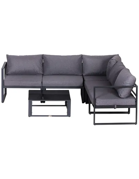 Outsunny 6 PCs Outdoor Indoor Sectional Corner Sofa Set Thick Padded Cushions Aluminium Frame 5 Seaters 1 Coffee Table Grey