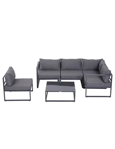 Outsunny 6 PCs Outdoor Indoor Sectional Corner Sofa Set Thick Padded Cushions Aluminium Frame 5 Seaters 1 Coffee Table Grey