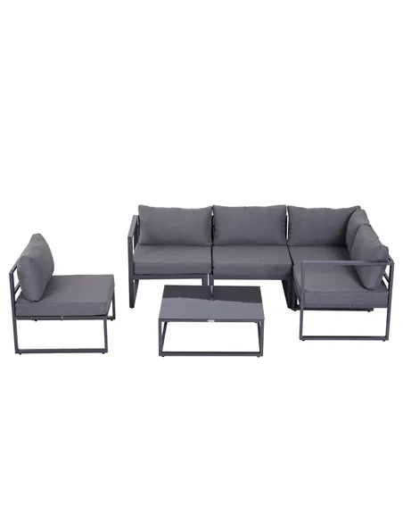 Outsunny 6 PCs Outdoor Indoor Sectional Corner Sofa Set Thick Padded Cushions Aluminium Frame 5 Seaters 1 Coffee Table Grey