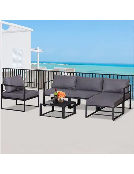 Outsunny 6 PCs Outdoor Indoor Sectional Sofa Set Thick Padded Cushions Aluminium Frame 5 Seaters 1 Coffee Table Footrest Grey