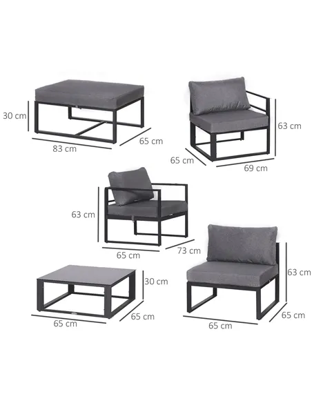 Outsunny 6 PCs Outdoor Indoor Sectional Sofa Set Thick Padded Cushions Aluminium Frame 5 Seaters 1 Coffee Table Footrest Grey