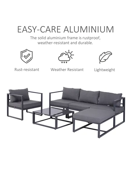 Outsunny 6 PCs Outdoor Indoor Sectional Sofa Set Thick Padded Cushions Aluminium Frame 5 Seaters 1 Coffee Table Footrest Grey