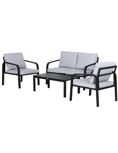 Outsunny 4pcs Garden Sofa Set 2 Single Armchair, 1 Bench & 1 Coffee Table Set Aluminum Frame Patio Furniture with Cushions, Blac