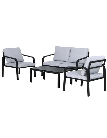 Outsunny 4pcs Garden Sofa Set 2 Single Armchair, 1 Bench & 1 Coffee Table Set Aluminum Frame Patio Furniture with Cushions, Blac