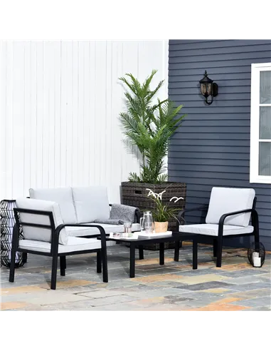 Outsunny 4pcs Garden Sofa Set 2 Single Armchair, 1 Bench & 1 Coffee Table Set Aluminum Frame Patio Furniture with Cushions, Blac