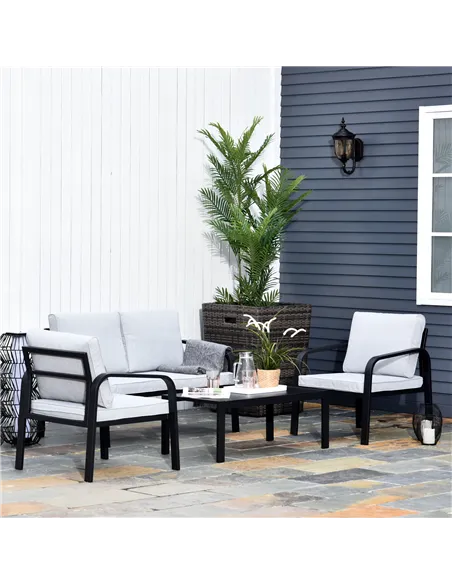 Outsunny 4pcs Garden Sofa Set 2 Single Armchair, 1 Bench & 1 Coffee Table Set Aluminum Frame Patio Furniture with Cushions, Blac
