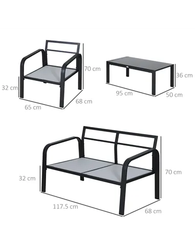 Outsunny 4pcs Garden Sofa Set 2 Single Armchair, 1 Bench & 1 Coffee Table Set Aluminum Frame Patio Furniture with Cushions, Blac