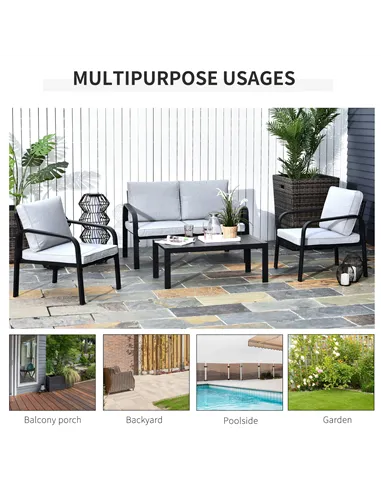 Outsunny 4pcs Garden Sofa Set 2 Single Armchair, 1 Bench & 1 Coffee Table Set Aluminum Frame Patio Furniture with Cushions, Blac