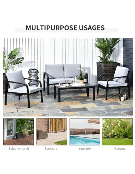 Outsunny 4pcs Garden Sofa Set 2 Single Armchair, 1 Bench & 1 Coffee Table Set Aluminum Frame Patio Furniture with Cushions, Blac