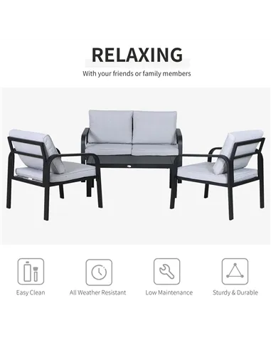 Outsunny 4pcs Garden Sofa Set 2 Single Armchair, 1 Bench & 1 Coffee Table Set Aluminum Frame Patio Furniture with Cushions, Blac