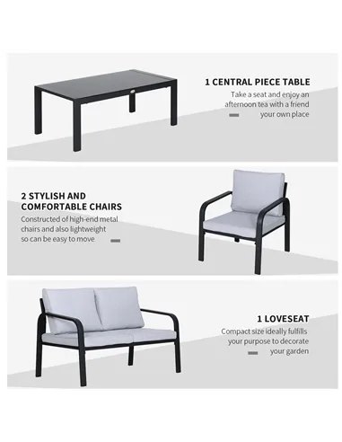 Outsunny 4pcs Garden Sofa Set 2 Single Armchair, 1 Bench & 1 Coffee Table Set Aluminum Frame Patio Furniture with Cushions, Blac