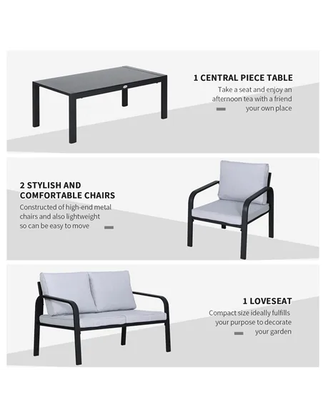 Outsunny 4pcs Garden Sofa Set 2 Single Armchair, 1 Bench & 1 Coffee Table Set Aluminum Frame Patio Furniture with Cushions, Blac