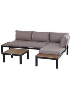 Outsunny 3 Pieces Garden Furniture Set, Aluminium 4 Seater Corner Sofa Set with 2 Loveseats, Coffee Table and Side Trays, Outdoo