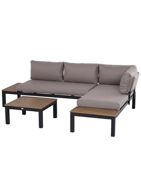 Outsunny 3 Pieces Garden Furniture Set, Aluminium 4 Seater Corner Sofa Set with 2 Loveseats, Coffee Table and Side Trays, Outdoo
