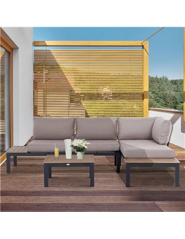 Outsunny 3 Pieces Garden Furniture Set, Aluminium 4 Seater Corner Sofa Set with 2 Loveseats, Coffee Table and Side Trays, Outdoo
