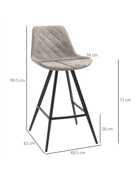 HOMCOM Set Of 2 Bar Stools Vintage Microfiber Cloth Tub Seats Padded Comfortable Steel Frame Footrest Quilted Home Bar Cafe Kitc
