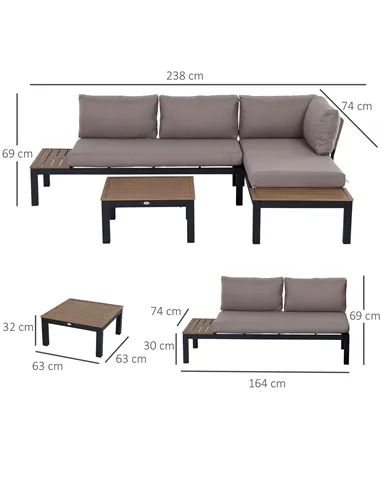 Outsunny 3 Pieces Garden Furniture Set, Aluminium 4 Seater Corner Sofa Set with 2 Loveseats, Coffee Table and Side Trays, Outdoo
