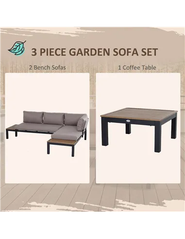 Outsunny 3 Pieces Garden Furniture Set, Aluminium 4 Seater Corner Sofa Set with 2 Loveseats, Coffee Table and Side Trays, Outdoo