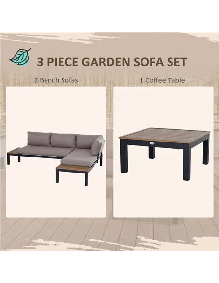Outsunny 3 Pieces Garden Furniture Set, Aluminium 4 Seater Corner Sofa Set with 2 Loveseats, Coffee Table and Side Trays, Outdoo