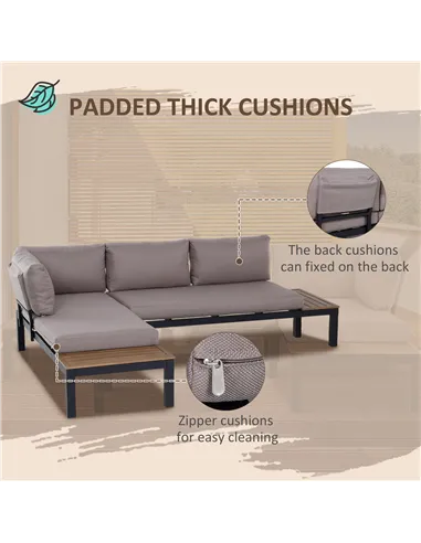 Outsunny 3 Pieces Garden Furniture Set, Aluminium 4 Seater Corner Sofa Set with 2 Loveseats, Coffee Table and Side Trays, Outdoo