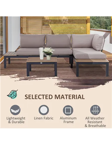 Outsunny 3 Pieces Garden Furniture Set, Aluminium 4 Seater Corner Sofa Set with 2 Loveseats, Coffee Table and Side Trays, Outdoo