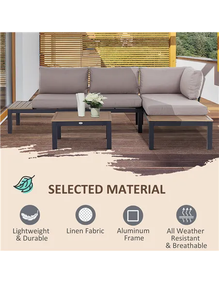 Outsunny 3 Pieces Garden Furniture Set, Aluminium 4 Seater Corner Sofa Set with 2 Loveseats, Coffee Table and Side Trays, Outdoo