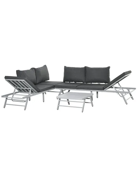 Outsunny 3 Pieces Garden Furniture Sets, 6 Seater Corner Sofa Set with Adjustable Backrest Chase Lounge with Slatted Metal Top T