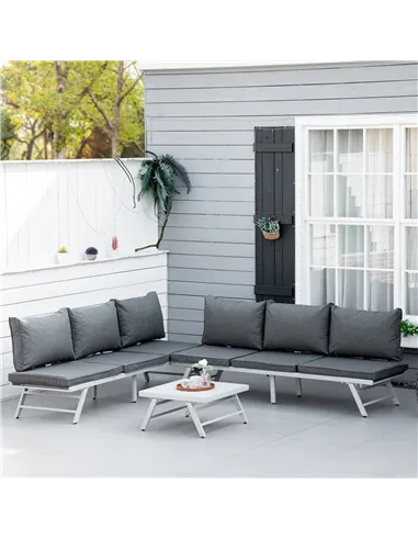 Outsunny 3 Pieces Garden Furniture Sets, 6 Seater Corner Sofa Set with Adjustable Backrest Chase Lounge with Slatted Metal Top T