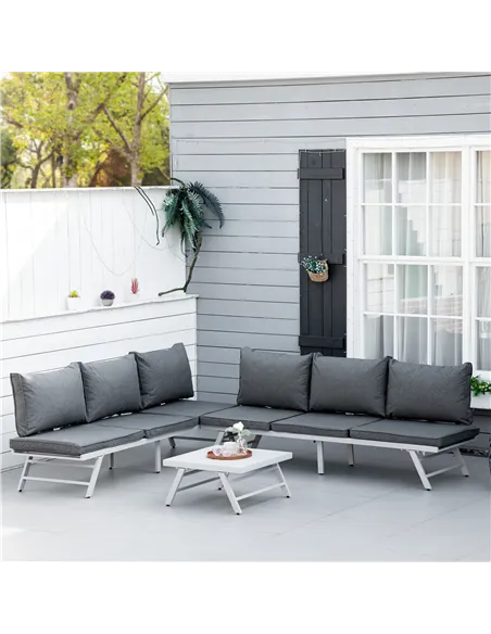 Outsunny 3 Pieces Garden Furniture Sets, 6 Seater Corner Sofa Set with Adjustable Backrest Chase Lounge with Slatted Metal Top T
