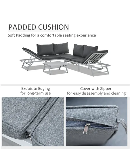 Outsunny 3 Pieces Garden Furniture Sets, 6 Seater Corner Sofa Set with Adjustable Backrest Chase Lounge with Slatted Metal Top T