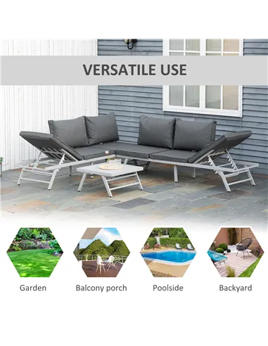 Outsunny 3 Pieces Garden Furniture Sets, 6 Seater Corner Sofa Set with Adjustable Backrest Chase Lounge with Slatted Metal Top T