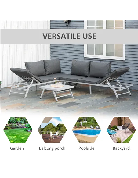 Outsunny 3 Pieces Garden Furniture Sets, 6 Seater Corner Sofa Set with Adjustable Backrest Chase Lounge with Slatted Metal Top T