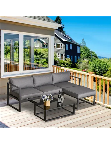 Outsunny 5 Pieces Outdoor Patio Furniture Set, Sofa Couch with Glass Coffee Table, Cushioned Chairs and Aluminum Tube, for Balco