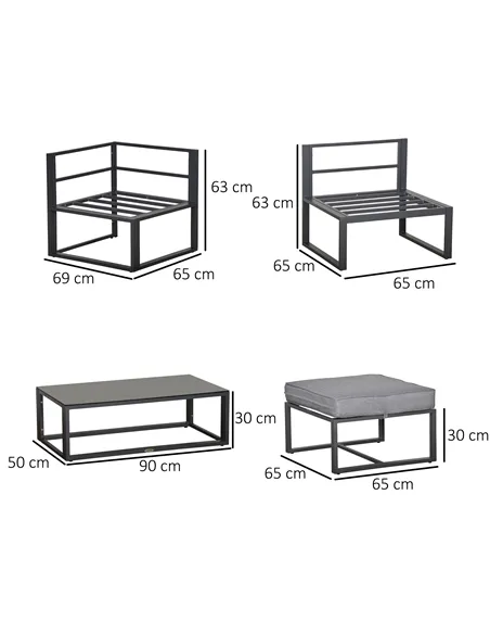 Outsunny 5 Pieces Outdoor Patio Furniture Set, Sofa Couch with Glass Coffee Table, Cushioned Chairs and Aluminum Tube, for Balco