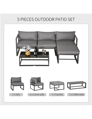Outsunny 5 Pieces Outdoor Patio Furniture Set, Sofa Couch with Glass Coffee Table, Cushioned Chairs and Aluminum Tube, for Balco