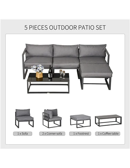 Outsunny 5 Pieces Outdoor Patio Furniture Set, Sofa Couch with Glass Coffee Table, Cushioned Chairs and Aluminum Tube, for Balco